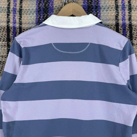 L.L. Bean Mens Polo Rugby Long Sleeve Blue Striped Size Medium Collard Shirt - Picture 5 of 7